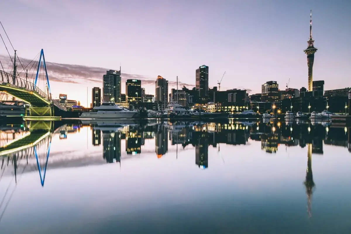 Auckland city skyline at dusk with the Sky Tower, New Zealand